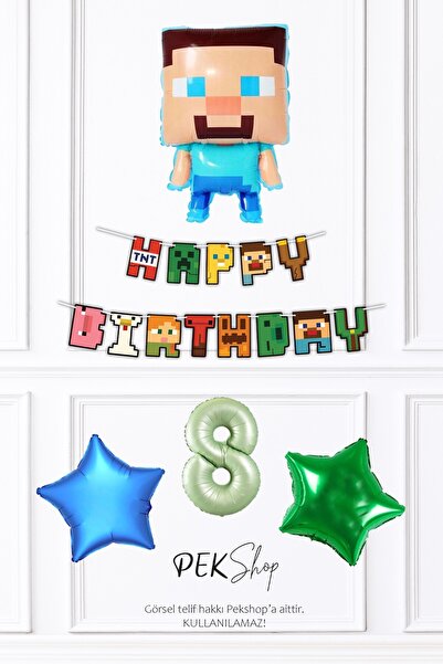 PEKSHOP Minecraft Tema Doğum Günü Steve Balonlu Yıldızlı Doğum Günü Balon Seti