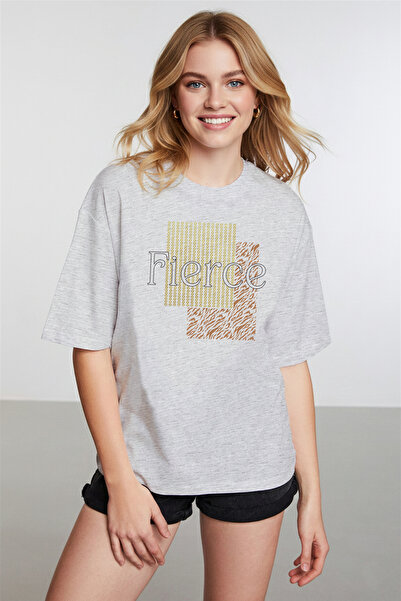 caddekombin Γυναικείο μπλουζάκι Fierce Graphic με τύπωμα Basic Grey