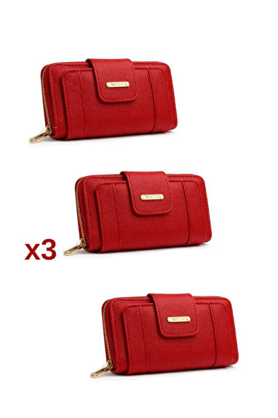 Newish Polo محفظة نسائية حمراء بسحاب، متوسطة الحجم، أنيقة، مع مظهر جلدي أقسام...