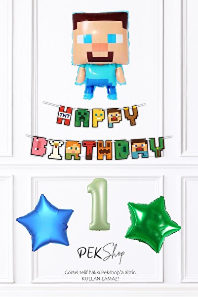 PEKSHOP Minecraft Tema Doğum Günü Steve Balonlu Yıldızlı Doğum Günü Balon Seti