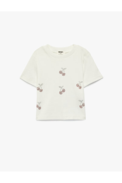 Koton Памучна тениска с къс ръкав, кръгло деколте, с принт на череши и детайл...