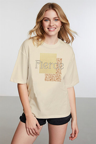 caddekombin Γυναικείο μπλουζάκι Fierce Graphic με τύπωμα Basic Beige