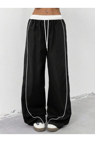 Take Two By Styli Women Black Wide Leg Pants with White Trim