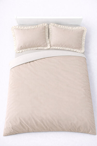GÖRMEZ TEKSTİL Soft Cotton Ruffled Single Bed - Duvet Cover Set Brown / Beige