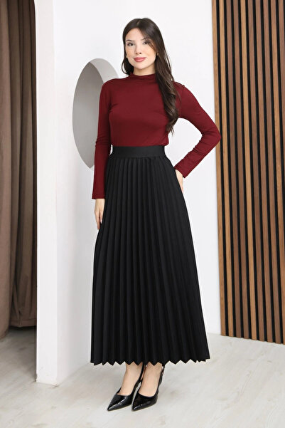 lodmela Elastic Waist Pleated Skirt 6017-Black