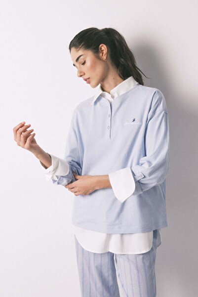 Women'secret تيشيرت أزرق بأكمام طويلة مصنوع من القطن بنسبة 100%