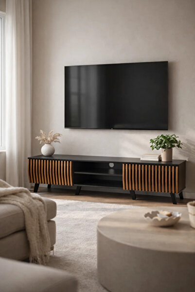 MARIA HOMES Modern Wooden TV Stand Black and Dark Brown with Slatted Design 1...