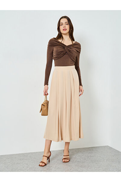 Styli Women Beige Pleated A-Line Midi Skirt