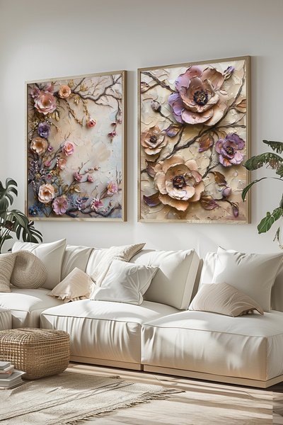 STARYUNA Wooden Framed Embossed Floral Pattern Double Painting Set Yuna493