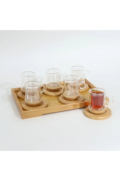TULIN Glass Tea Cup Set with Wooden (Bamboo) Saucer, 12 Pieces