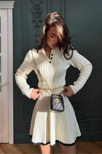 SAYZEN Polo Collar Braided Sweater-Skirt Knitwear Set