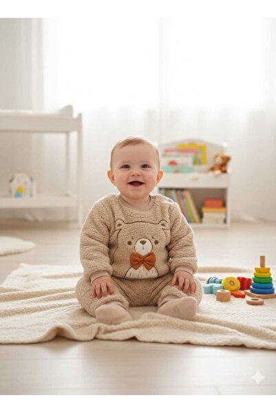 ALYAKİDS Baby Plush Set Blue Color Dog Embroidered Fleece Top and Bottom Set