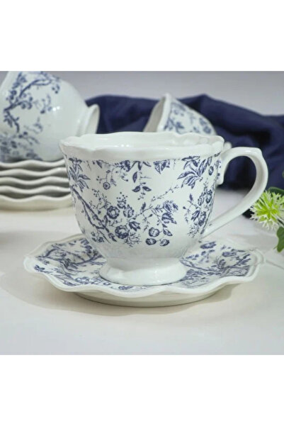 TULIN Blue Floral Porcelain Tea Cup Set - 6 Pieces with Serving Saucer