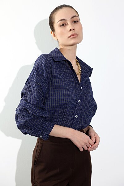 5in1Canpolat Navy Blue Checkered Oversized Shirt 5004