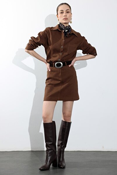 5in1Canpolat Brown Belted Shirt Collar Dress 37067