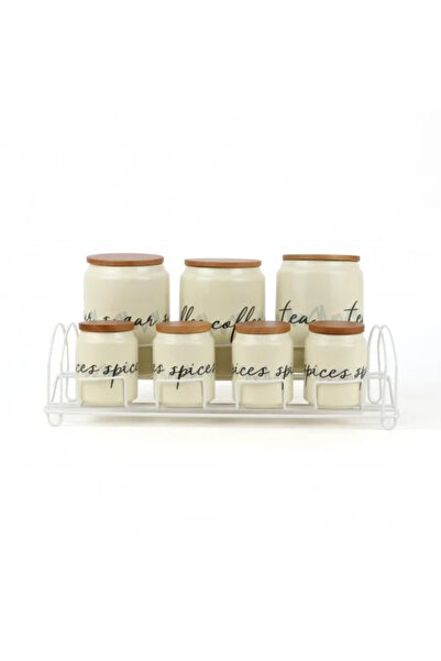 Generic Elegant 7-Piece Jar Set with Wooden Lid and Metal Stand