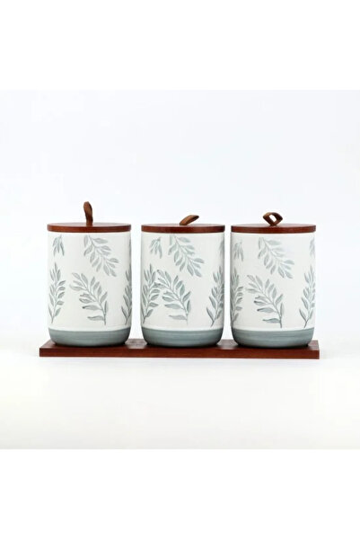 TULIN 3-piece ceramic jar set with wooden stand