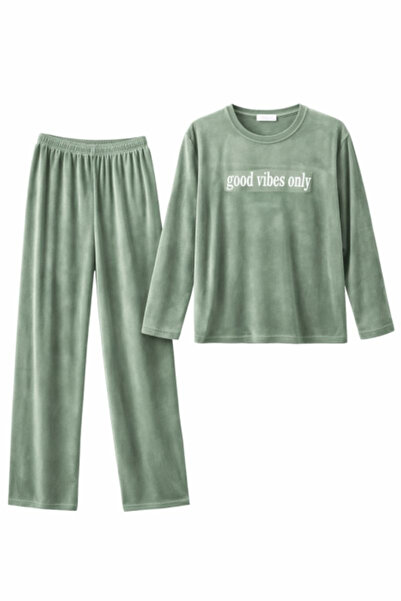 LOVENİSA Velvet Pajamas for Women, 2-Piece Set, Sage Green, 'Good Vibes Only'