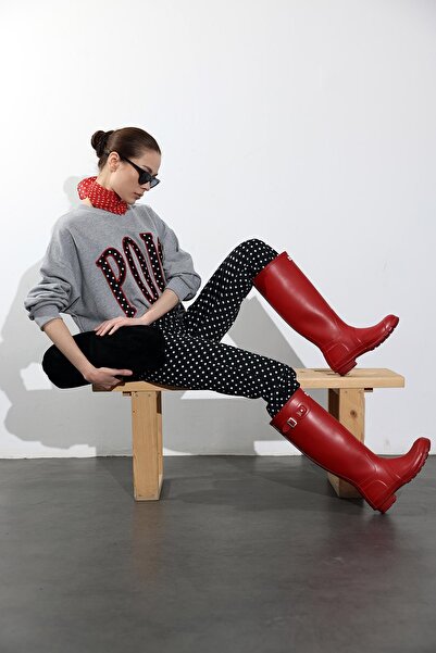 5in1Canpolat Gri Pois Yazı Baskılı Sweatshirt 01451