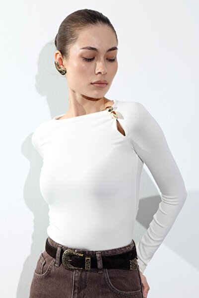 5in1Canpolat Екрю Голд Блуза з довгими рукавами та аксесуарами 251063