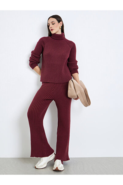 Styli Women Burgundy Ribbed Knit Wide Leg Trousers