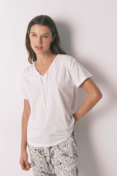 Women'secret White cotton ruched short sleeve T-shirt