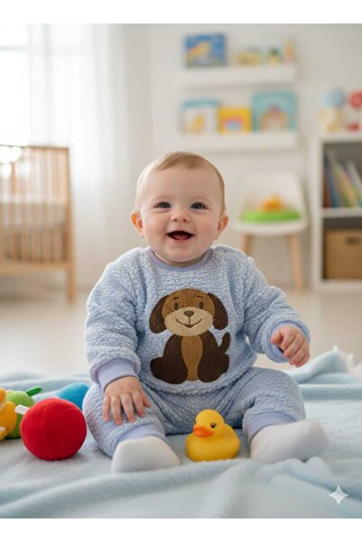 ALYAKİDS Baby Plush Set Blue Color Dog Embroidered Fleece Top and Bottom Set