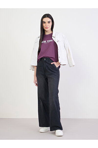 Styli بنطلون جينز نسائي أرجل واسعة وخصر مرتفع