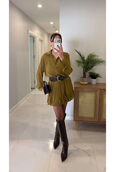 BİRCANÇİL Lonces Yeşil Astarlı Kemer Detaylı Şifon Elbise