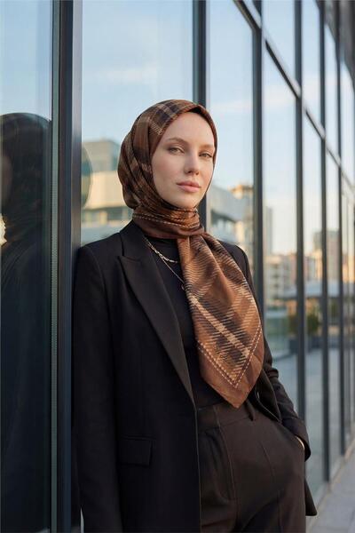 Silk Home Viscose Velora Scarf Four Seasons Plaid Pattern Chocolate Brown 90X90