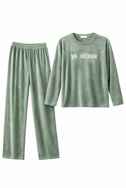 LOVENİSA Velvet Pajamas for Women, 2-Piece Set, Sage Green, 'You Are Magic'