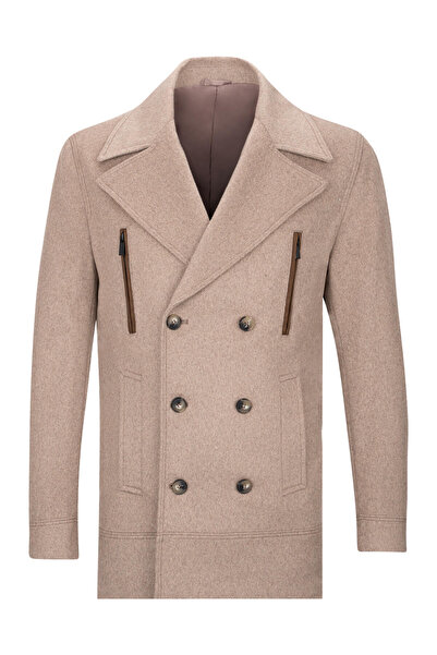 Hatemoğlu Vizon Slim Fit Kruvaze Yünlü Kaşe Kaban