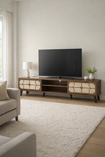 MARIA HOMES Modern Wooden TV Stand Dark Brown with Beige Stone Pattern 180 x ...