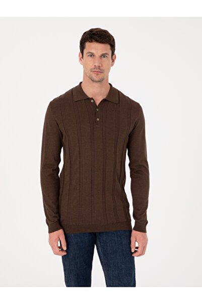 Cacharel Brown Slim Fit Cotton Blend Polo Collar Knit Sweater 50318949-Vr029