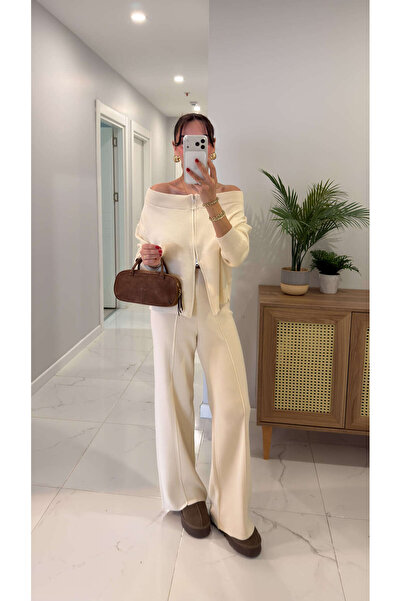 BİRCANÇİL France Ecru Knitwear Cardigan Pants Set