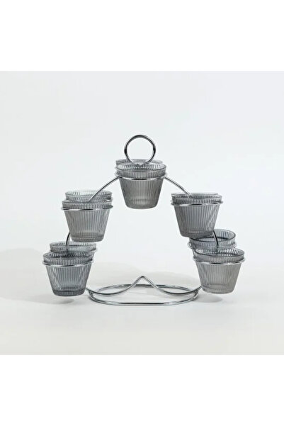 Generic Striped glass coffee cup set with silver metal stand – 11 pieces