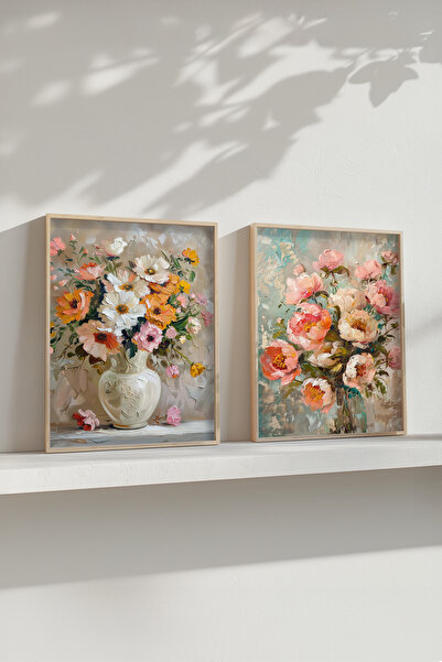 STARYUNA Wooden Framed Oil Painting Effect Flower Vase Double Painting Set Yu...