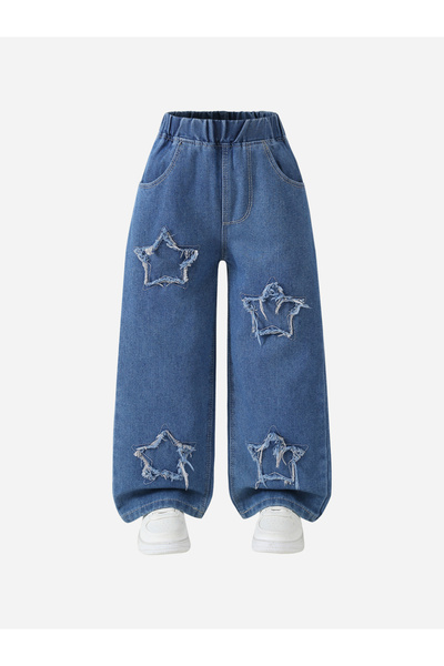 Take Two By Styli Girls Blue Star Patch Wide Leg Jeans