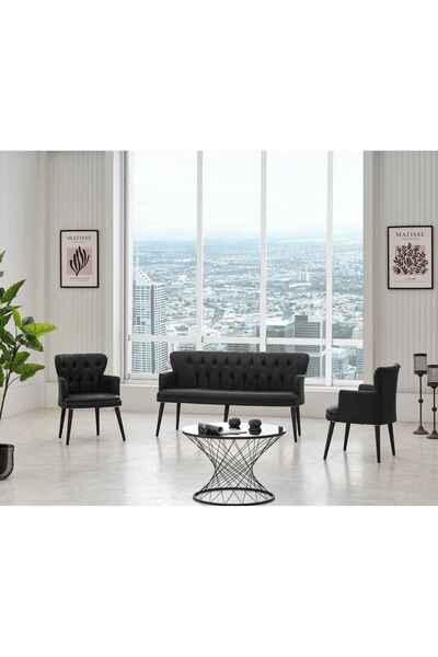KIEZ Siyah Deri Siyah Ahşap Ayaklı Ofis Koltuk Takımı Kuaför Sekreter Makam M...