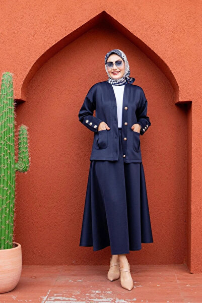 Tesettür Diyarı Σετ Τεσεττούρ με Υφασμάτινη Φούστα Lida Scuba - Ναυτικό Μπλε