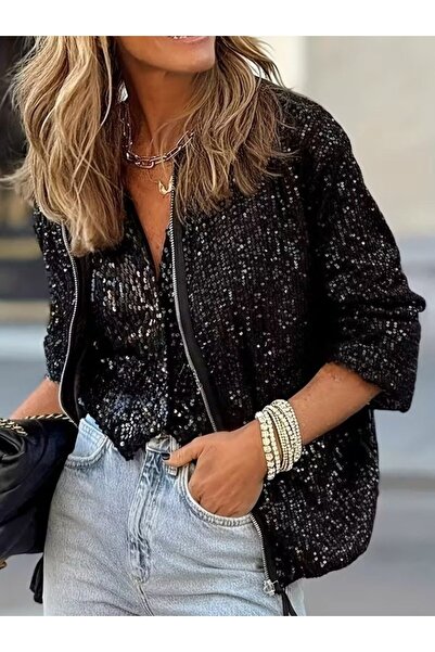 buğrahayalin Women's Long Sleeve Front Zipper Short Sequin Jacket