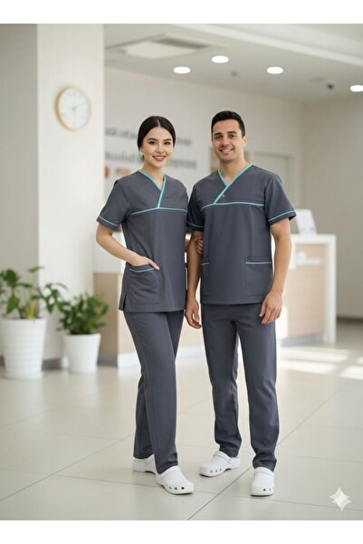 temex GRİ GÜME SCRUBS TURKUAZ BİYELİ YAKASI ÇITÇITLI TAKIM HEMŞİRE DOKTOR FOR...