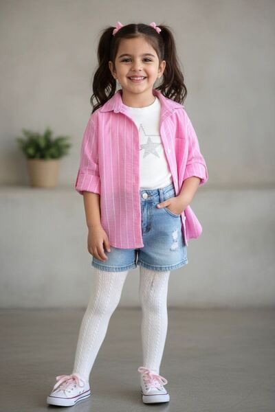 Minigimin Cicileri Cămașă pentru fetițe cu detaliu stea și dungi - Roz