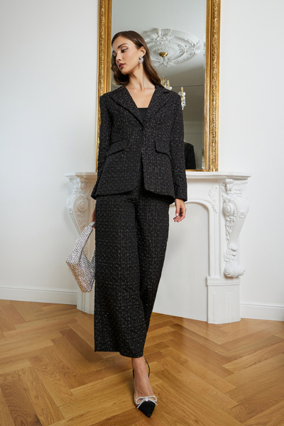 Styli Women Black Jacquard Wide Leg Trousers