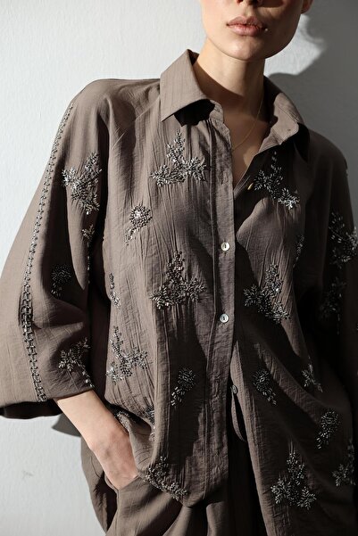 5in1Canpolat Set cămașă și pantaloni brodate cu mărgele de nurcă 39271