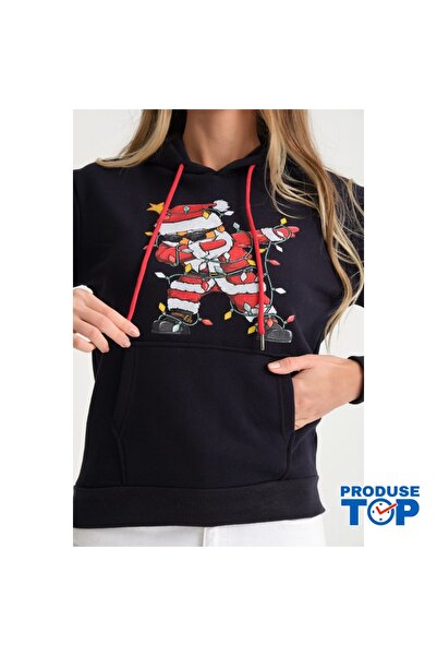 Produse.Top Women's Black Christmas Hoodie with Hood and Santa Print HND21
