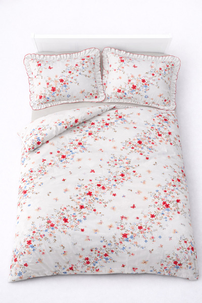 GÖRMEZ TEKSTİL Soft Cotton Ruffled Single Anceline - Duvet Cover Set Red / Beige