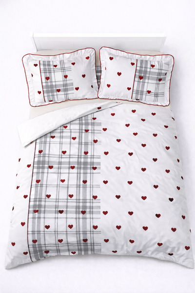 GÖRMEZ TEKSTİL Soft Cotton Ruffled Single Love Check - Duvet Cover Set Red / ...
