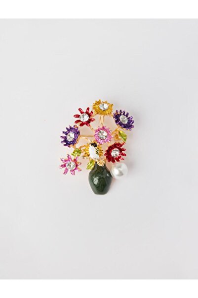 Jimmy Key Karışık Çiçek Figürlü Parlak Taşlı İncili Broş