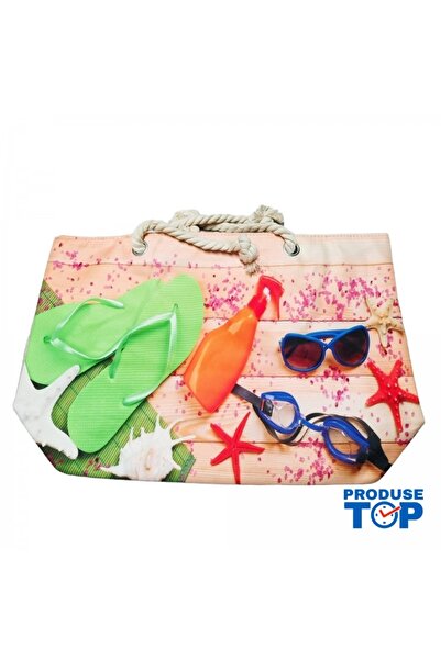 Produse.Top Geantă de plajă pentru femei din material textil cu imprimeu de vară